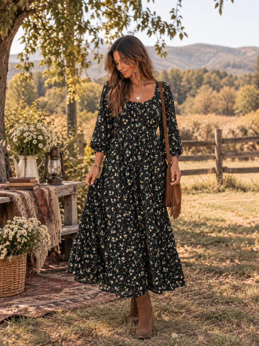 Dark Green Floral Boho Midi Maxi Dress